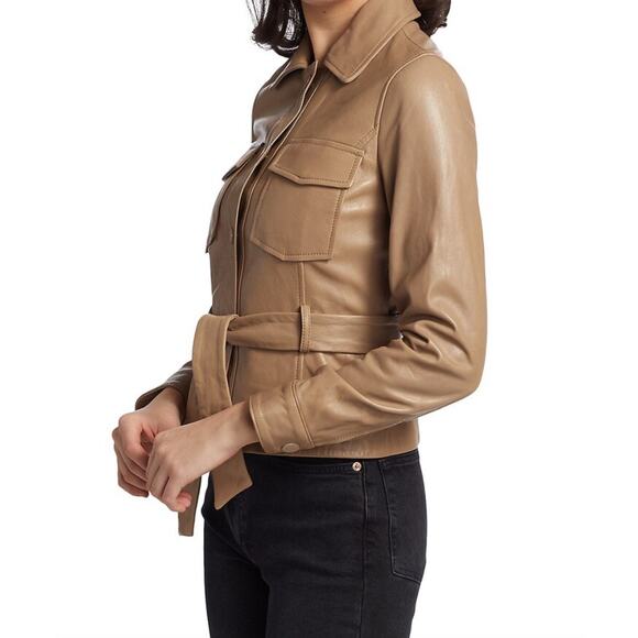 Anthropologie Lamarque Cherice Leather Mini Trench Jacket Sesame Large NWT - Picture 8 of 15
